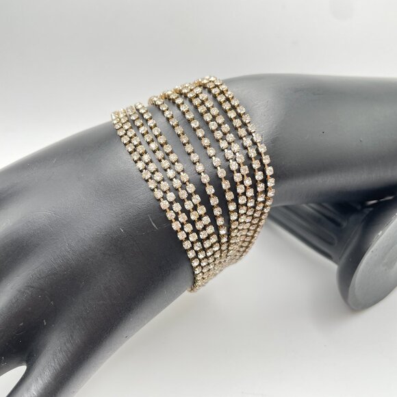 Vintage 10 Row RHINESTONE Chunky Bracelet Bright Shiny Silver Tone Bling Jewelry - Picture 3 of 10